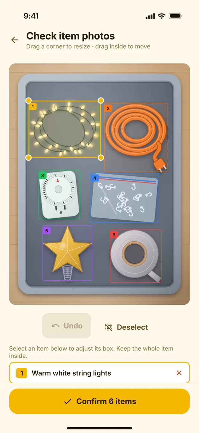 TidyBee’s Check item photos screen with six detected items boxed on a photo of a storage tote