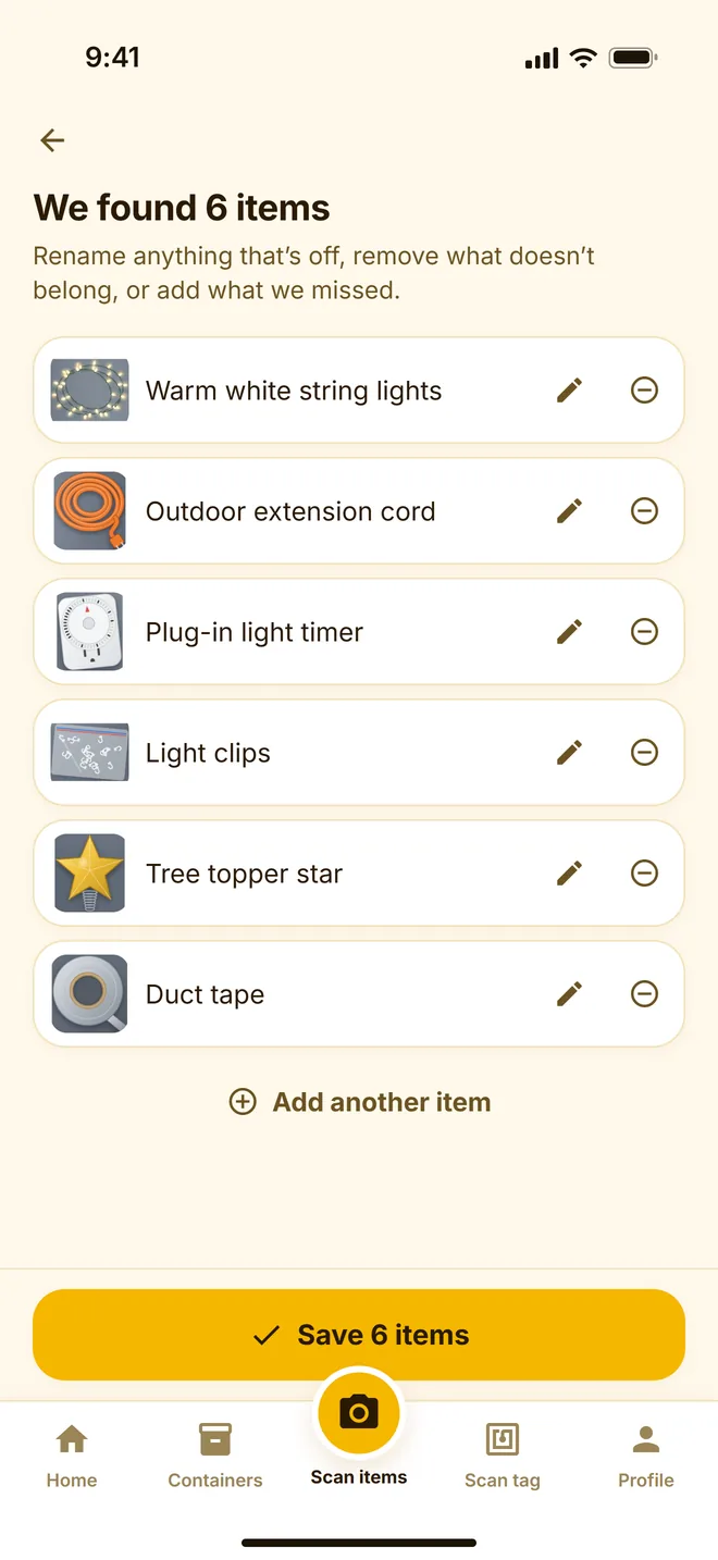 The We found 6 items screen listing string lights, an extension cord, a light timer and more, each with a photo